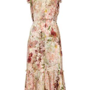 ZIMMERMANN DESIGNER Dancer Floral-print Silk Midi Dress Tie Waist Sz Medium $850
